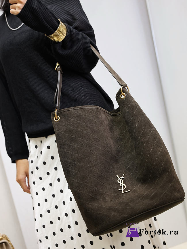 Fortok Saint Laurent Niki supple bucket bag deep mocha brown suede 33×16×40cm - 1