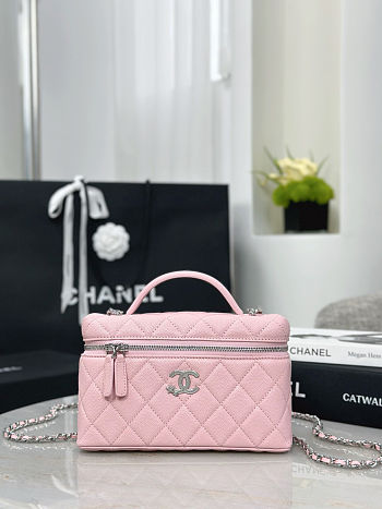 Fortok Chanel 25/26 pre-collection Vanity Case With Gold Chain Pink Caviar 17x19.5x5cm