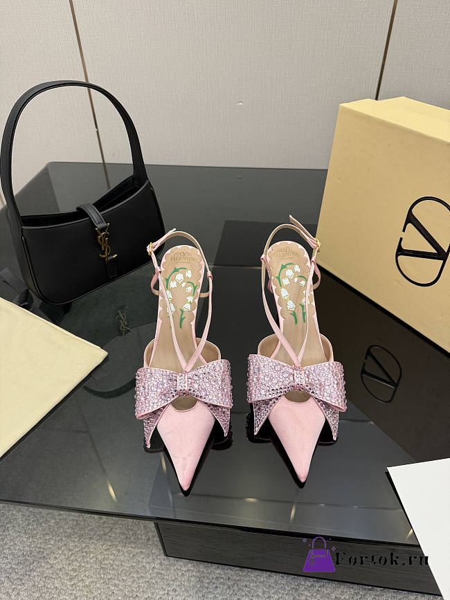 Fortok Valentino Garavani 2026ss Bowow embellished satin slingback pumps Pink 8cm - 1