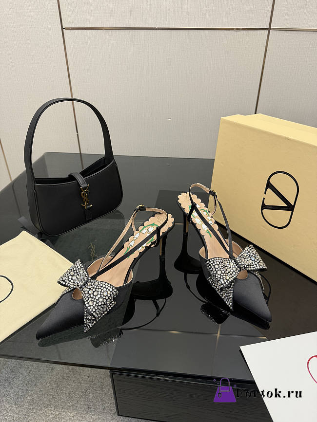Fortok Valentino Garavani 2026ss Bowow embellished satin slingback pumps Black 8cm - 1