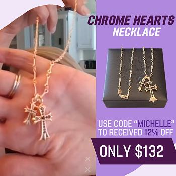 Fortok Chrome Hearts Black Crystal Double Cross Necklace Gold 