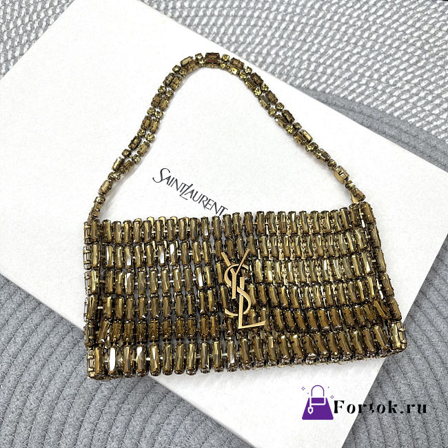 Fortok Saint Laurent crystal-embellished chainmail shoulder bag Gold 18x7.5x2.5CM  - 1