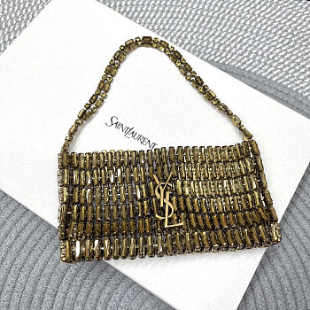 Fortok Saint Laurent crystal-embellished chainmail shoulder bag Gold 18x7.5x2.5CM 