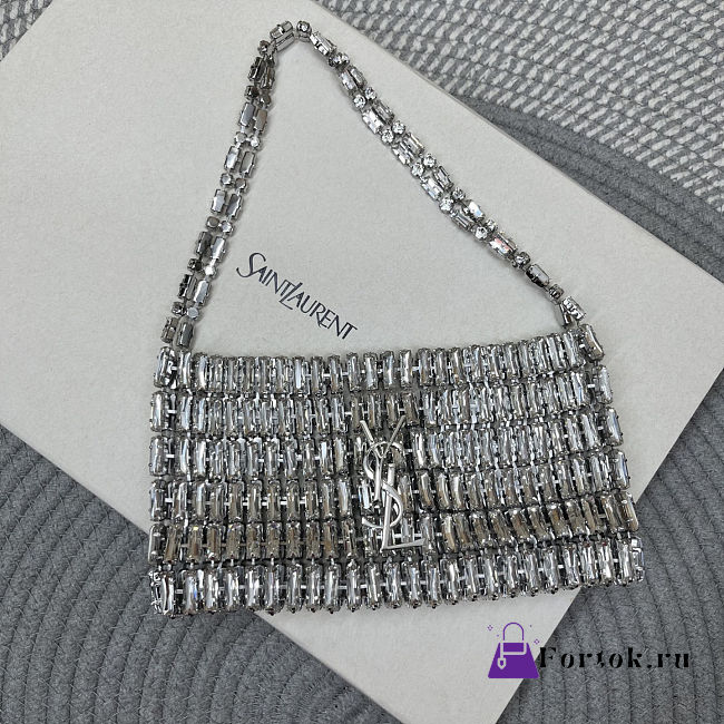 Fortok Saint Laurent crystal-embellished chainmail shoulder bag Silver 18x7.5x2.5CM - 1