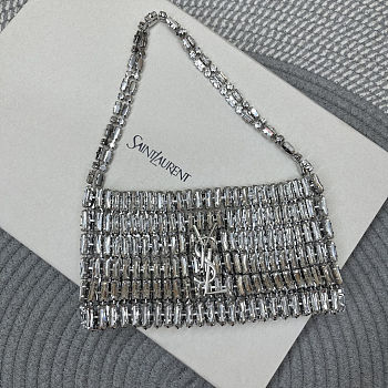 Fortok Saint Laurent crystal-embellished chainmail shoulder bag Silver 18x7.5x2.5CM
