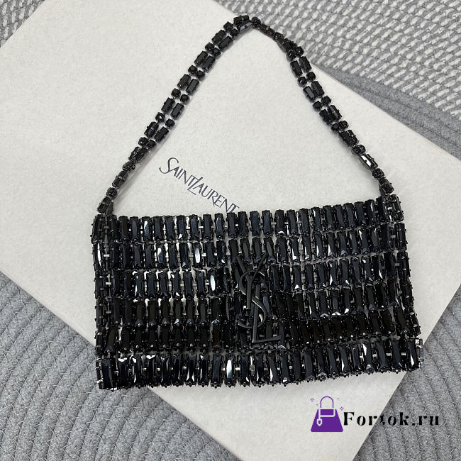 Fortok Saint Laurent crystal-embellished chainmail shoulder bag Black 18x7.5x2.5CM - 1
