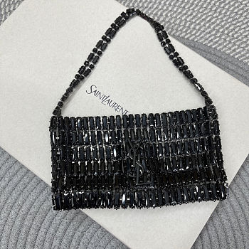 Fortok Saint Laurent crystal-embellished chainmail shoulder bag Black 18x7.5x2.5CM