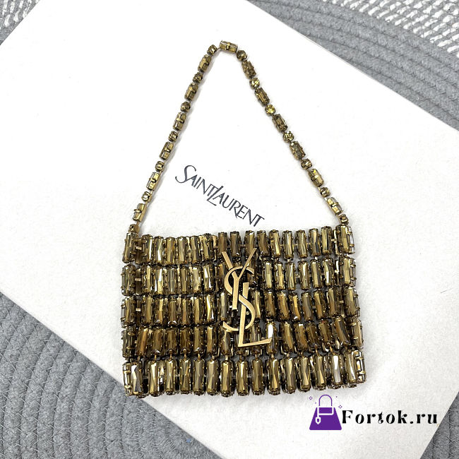 Fortok Saint Laurent crystal-embellished chainmail shoulder bag Mini Bag Gold 11.5x8.5x2.5CM - 1
