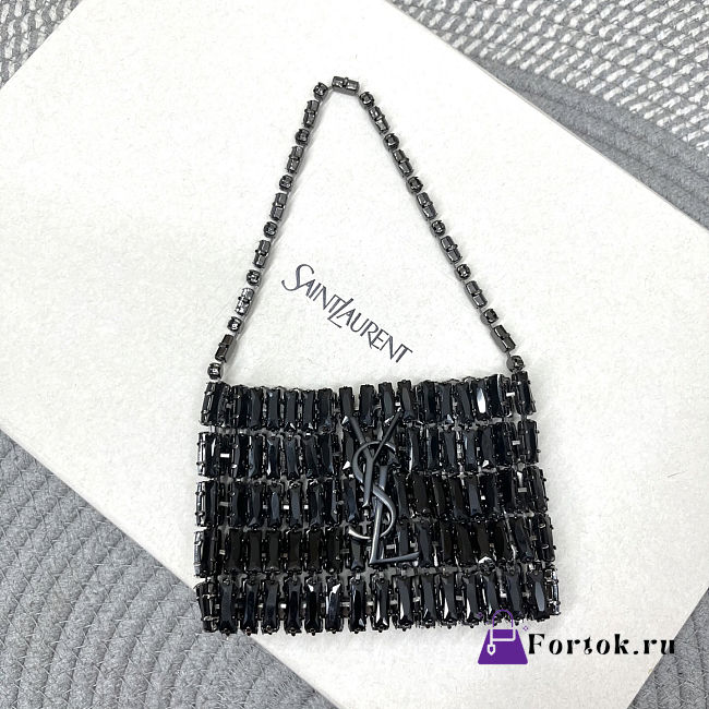 Fortok Saint Laurent crystal-embellished chainmail shoulder bag Mini Bag Black 11.5x8.5x2.5CM - 1