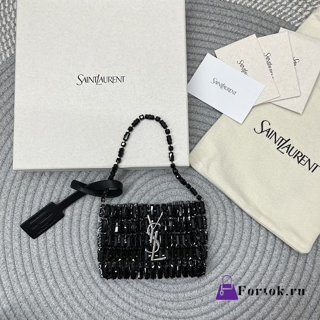Fortok Saint Laurent Cassandre embellished shoulder Micro bag Black Crystal 11.5x8.5x2.5CM - 1