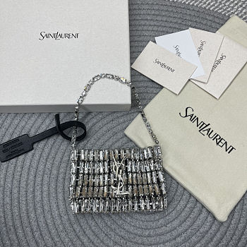 Fortok Saint Laurent Cassandre embellished shoulder Micro bag Silver Crystal 11.5x8.5x2.5CM
