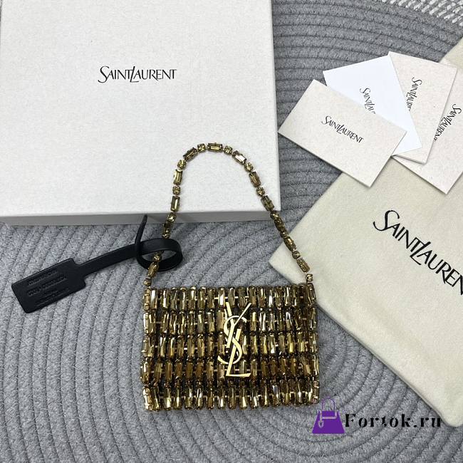 Fortok Saint Laurent Cassandre embellished shoulder Micro bag Gold Crystal 11.5x8.5x2.5CM - 1