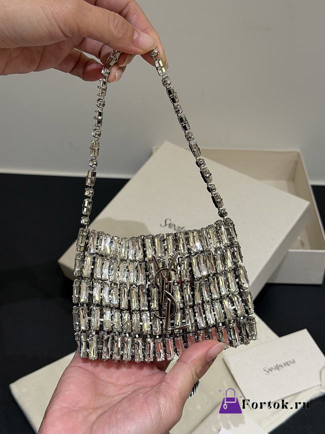 Fortok Saint Laurent crystal-embellished chainmail shoulder bag Mini Bag Silver 11.5x8.5x2.5CM - 1
