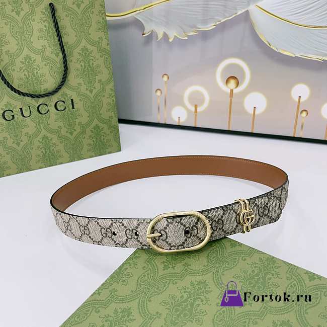 Fortok Gucci GG belt with an oval buckle in beige and dark brown Gold Hardware 3cm - 1