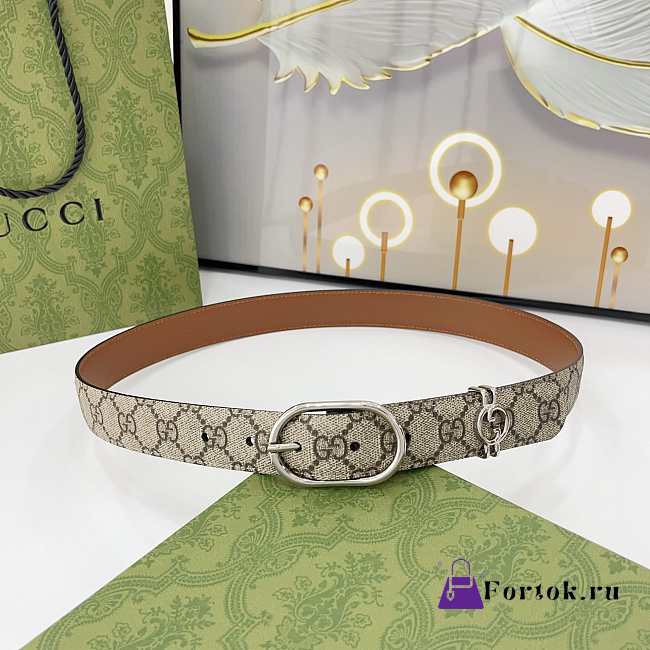 Fortok Gucci GG belt with an oval buckle in beige and dark brown Silver Hardware 3cm - 1