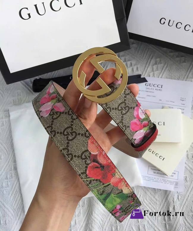 Fortok Gucci GG Supreme Blooms Belt Gold/Silver Hardware 3cm - 1