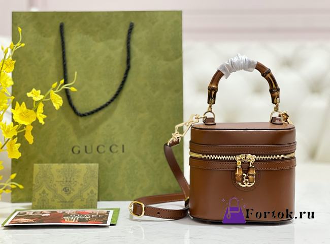 Fortok Gucci mini vanity bag bamboo handle Brown 13.5 × 15.5 × 4 cm - 1