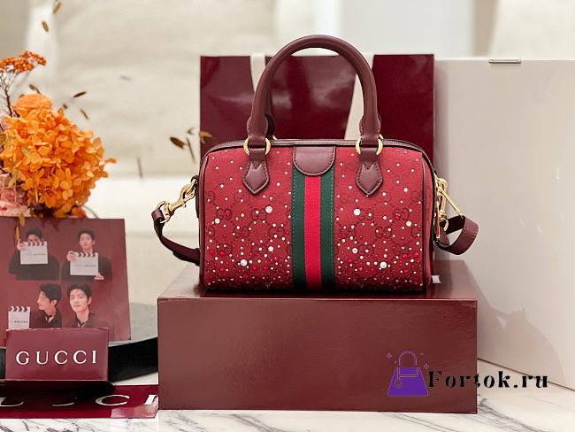 Fortok Gucci Ophidia crystals small boston bag Red Crystal GG 21*13*11cm - 1