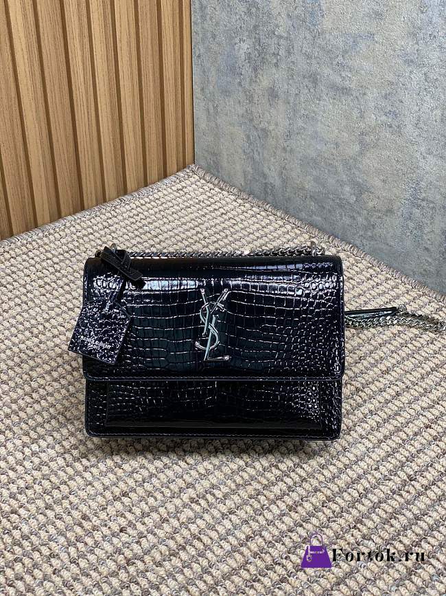 Fortok Saint Laurent Medium Sunset Crocodile Patent Leather Black 22x16x8cm - 1