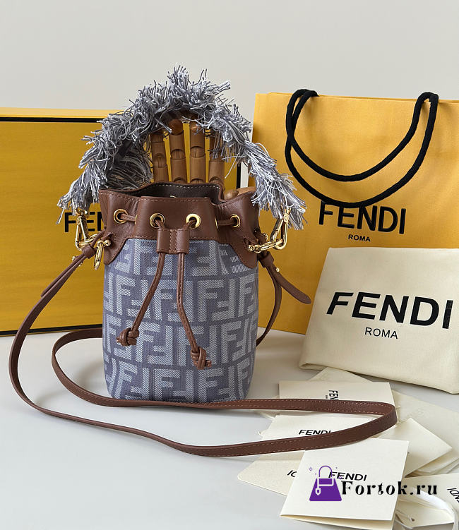 Fortok Fendi Denim Effect Fabric FF Jacquard Mini Mon Tresor Bucket Bag 14x12x18cm - 1