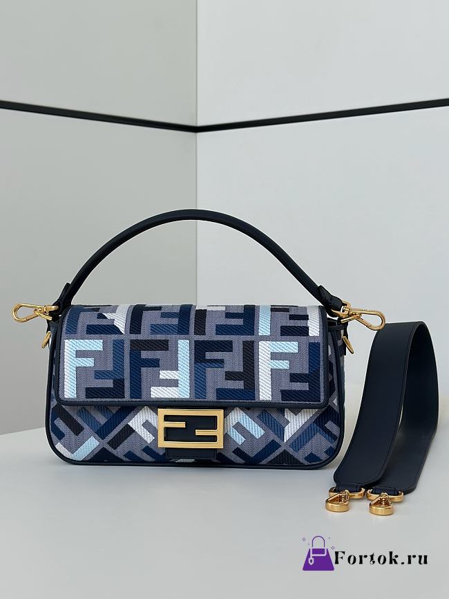 Fortok Fendi Baguette Jacquard FF Fabric Bag Navy Blue 27×6×14cm  - 1