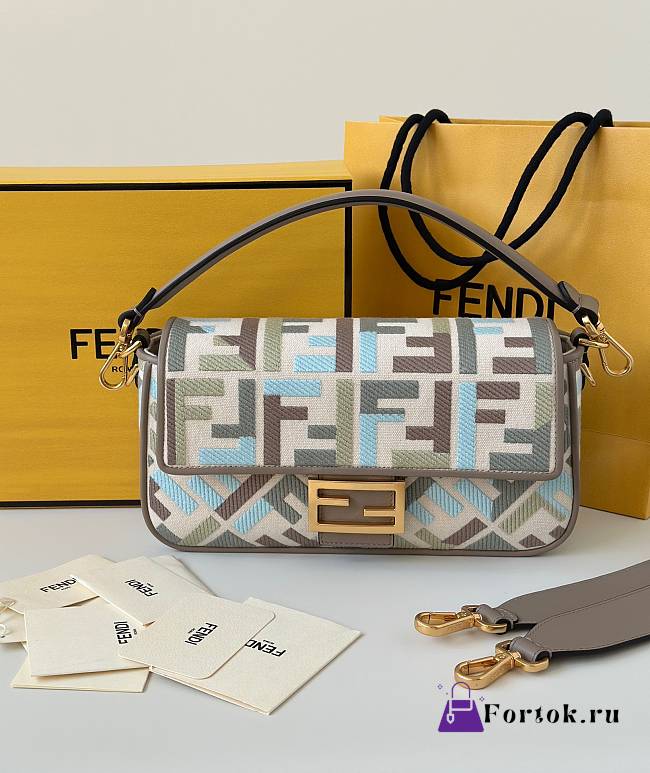 Fortok Fendi Baguette Jacquard FF Fabric Bag Grey/ Blue-tone Multicolor 27×6×14cm  - 1