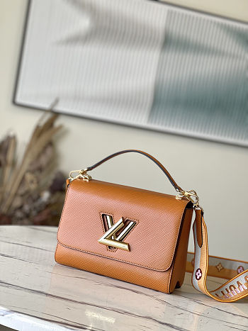 Fortok Louis Vuitton Twist MM Handbag Epi Leather Cognac Brown 23x17x9.5cm