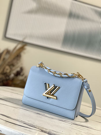 Fortok Louis Vuitton Twist MM Handbag Epi Leather Blue 23x17x9.5cm