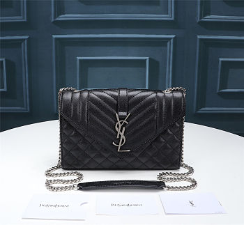Fortok Saint Laurrent ENVELOPE in MATELASSÉ lambskin Caviar Black 21×13×6cm