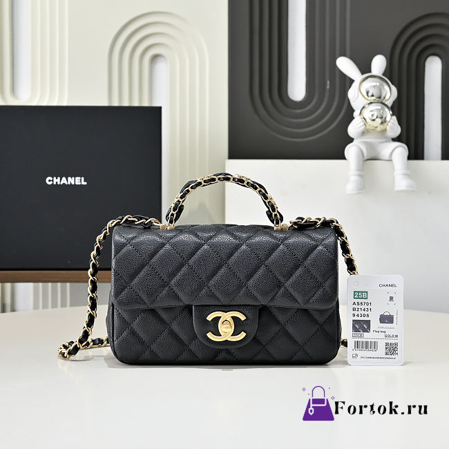 Fortok Chanel Caviar Quilted Mini Handy CC Flap Bag Black 12 x 19.5 x 6.5cm - 1