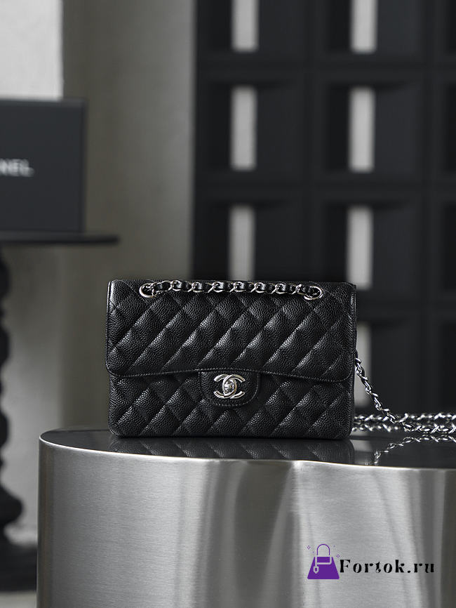 Fortok Chanel Flap Bag Black Quilted Caviar Leather 14.5*23*6cm - 1