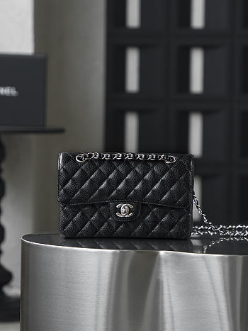 Fortok Chanel Flap Bag Black Quilted Caviar Leather 14.5*23*6cm