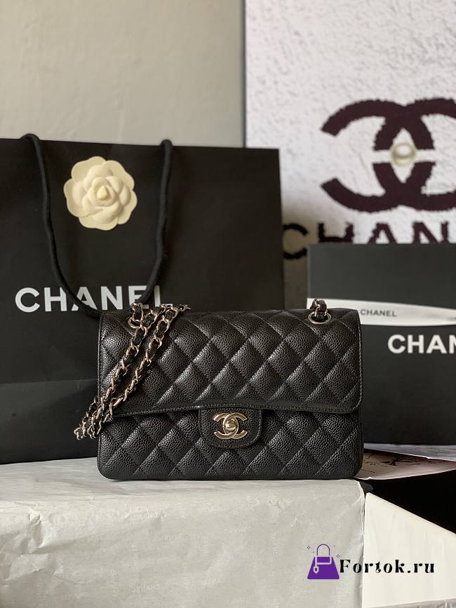 Fortok Chanel Flap Bag Black Quilted Caviar Leather Gold Hardware 23cm - 1