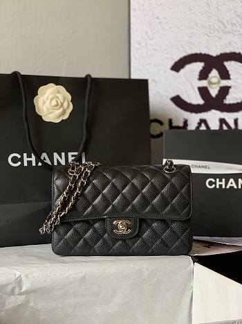 Fortok Chanel Flap Bag Black Quilted Caviar Leather Gold Hardware 23cm