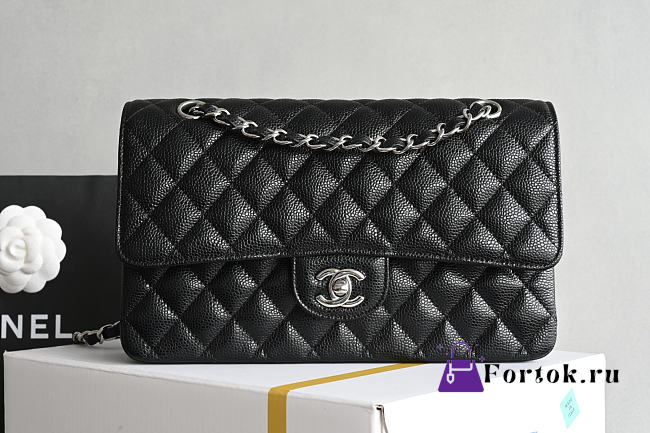 Fortok Chanel Flap Bag Black Quilted Caviar Leather 15.5 x 25.5 x 6.5cm - 1
