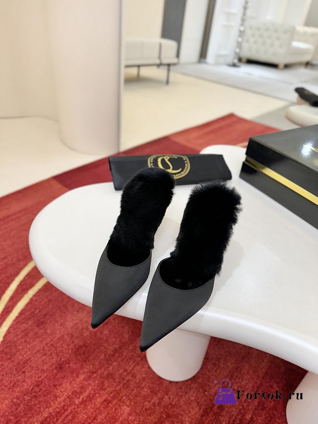 Fortok Christian Louboutin KM Fur Satin and Faux Fur Mules Black 10cm  - 1