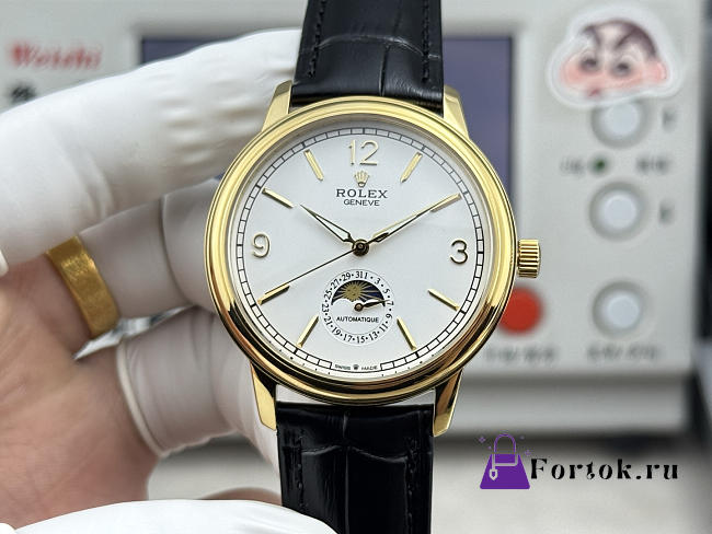 Fortok Rolex Cellini Moonphase Arabic Numeral Dial Watch Black/Gold 40mm - 1