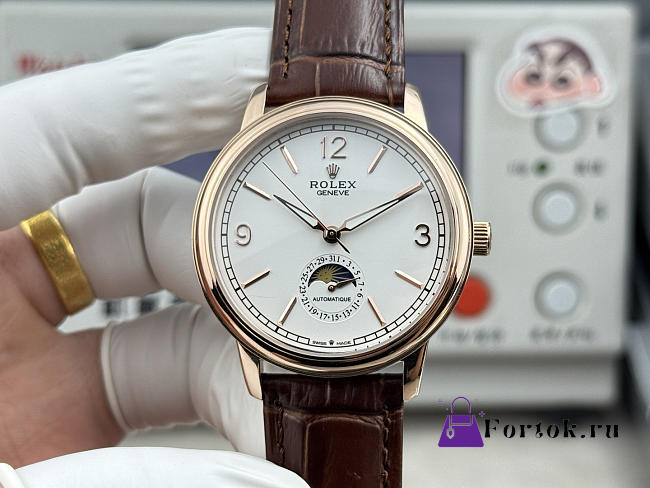 Fortok Rolex Cellini Moonphase Arabic Numeral Dial Watch Brown/Rose Gold 40mm - 1