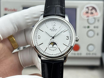 Fortok Rolex Cellini Moonphase Arabic Numeral Dial Watch Black/Silver 40mm