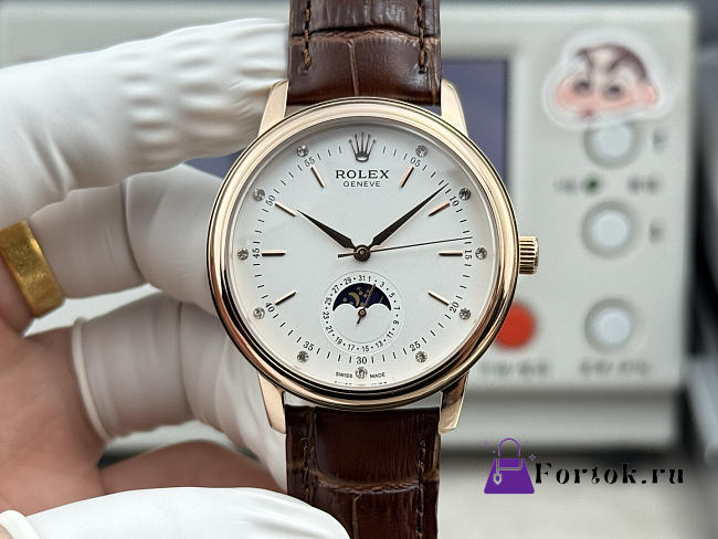 Fortok Rolex Cellini Moonphase Diamond Marker Dial Watch Brown/Rose Gold 40mm - 1
