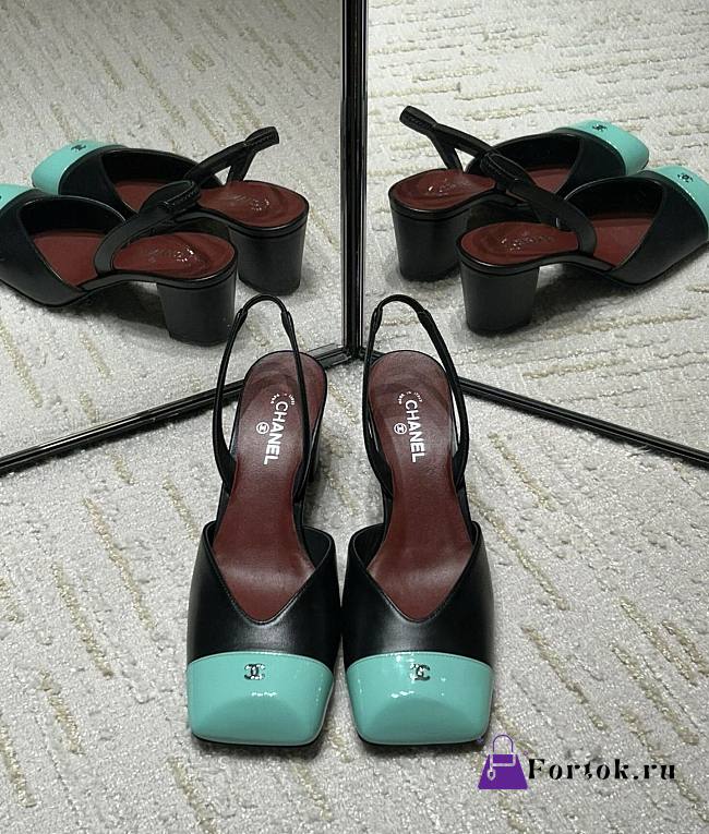 Fortok Chanel 2026ss Slingback pumps Square-toed Black-Mint  - 1