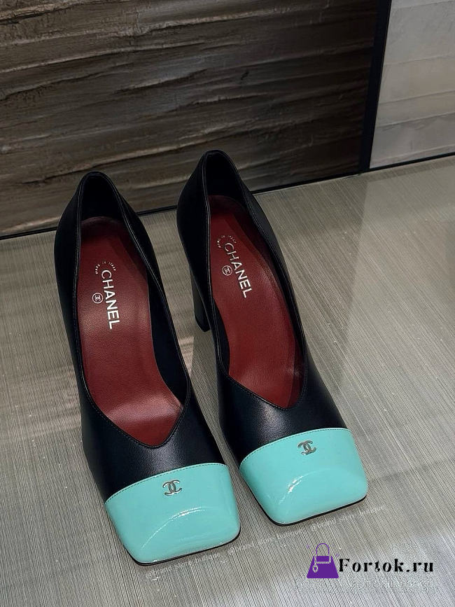 Fortok Chanel 2026ss Heels Square-toed White Black-Mint - 1
