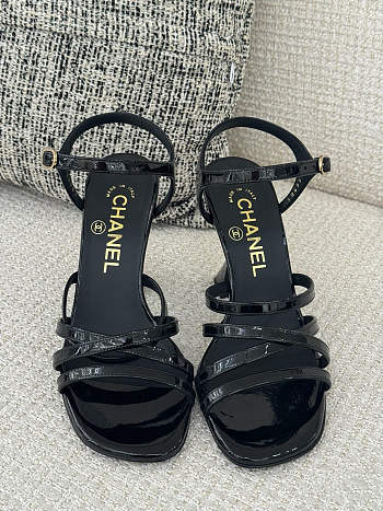 Fortok Chanel Sandals Patent Leather Black 95mm
