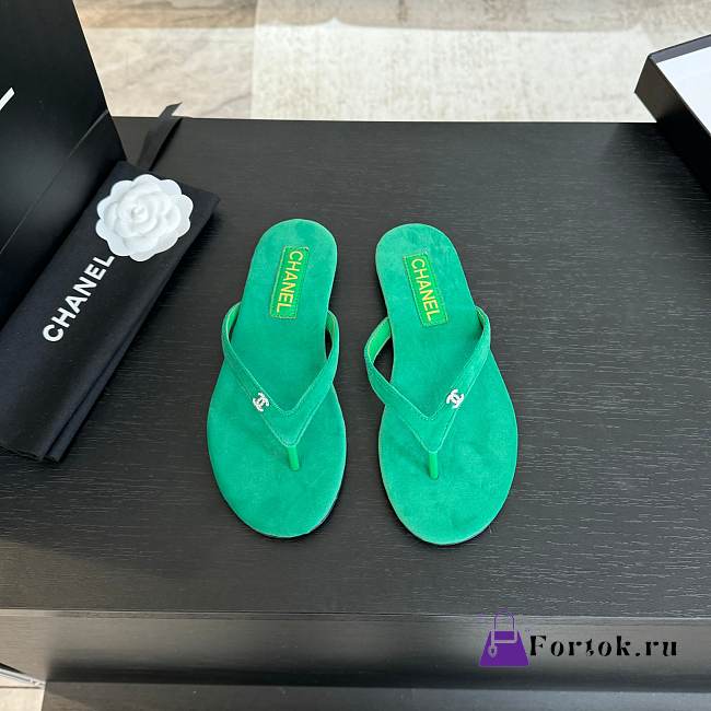 Fortok Chanel Thong Flip-flops Light Pink Suede Green - 1