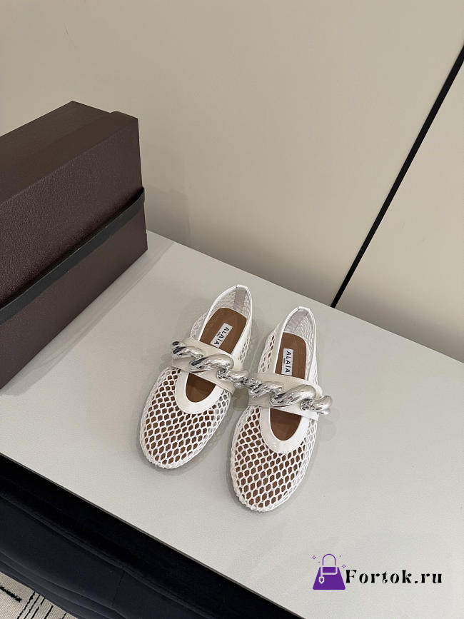 Fortok Alaïa Leather-trimmed Fishnet Ballet Flats White - 1