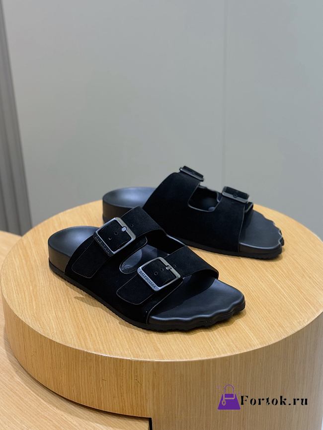Fortok Balenciaga Black Suede Double-Buckle Slide Sandals  - 1
