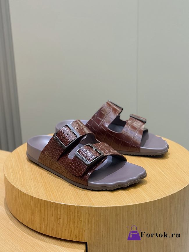 Fortok Balenciaga Brown Crocodile Double-Buckle Slide Sandals  - 1