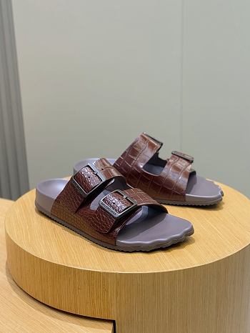 Fortok Balenciaga Brown Crocodile Double-Buckle Slide Sandals 