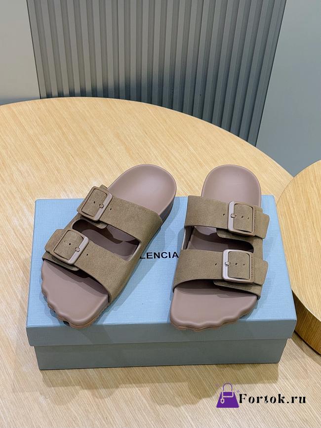 Fortok Balenciaga Brown Suede Double-Buckle Slide Sandals  - 1
