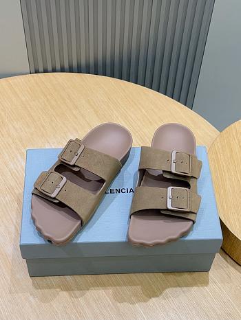 Fortok Balenciaga Brown Suede Double-Buckle Slide Sandals 
